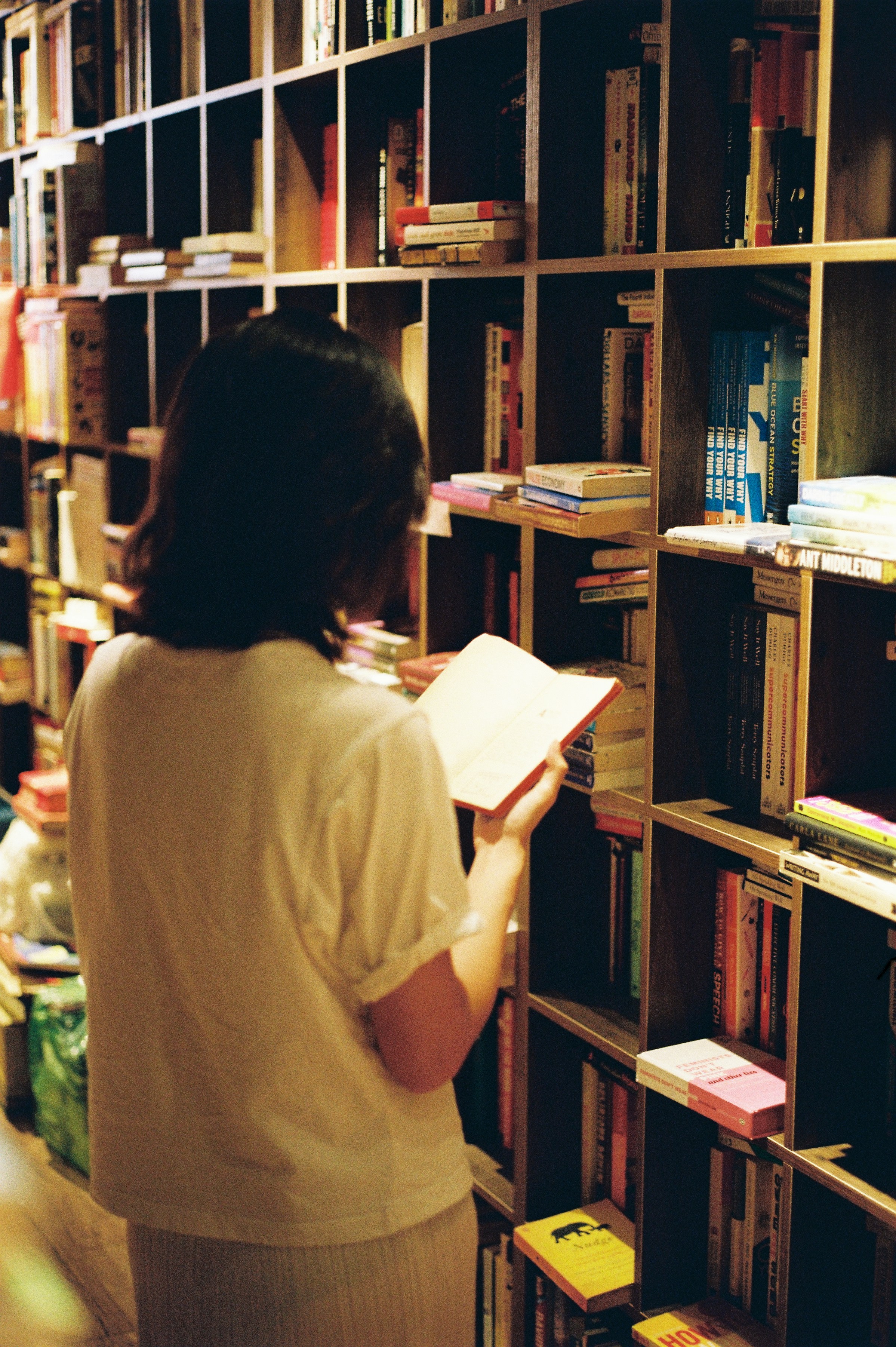Una persona lee un libro en una biblioteca, de espaldas, frente a estanterías llenas de libros.