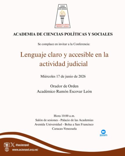 Cartel informativo de la conferencia Lenguaje claro y accesible en la actividad judicial, organizada por la Academia de Ciencias Políticas y Sociales.