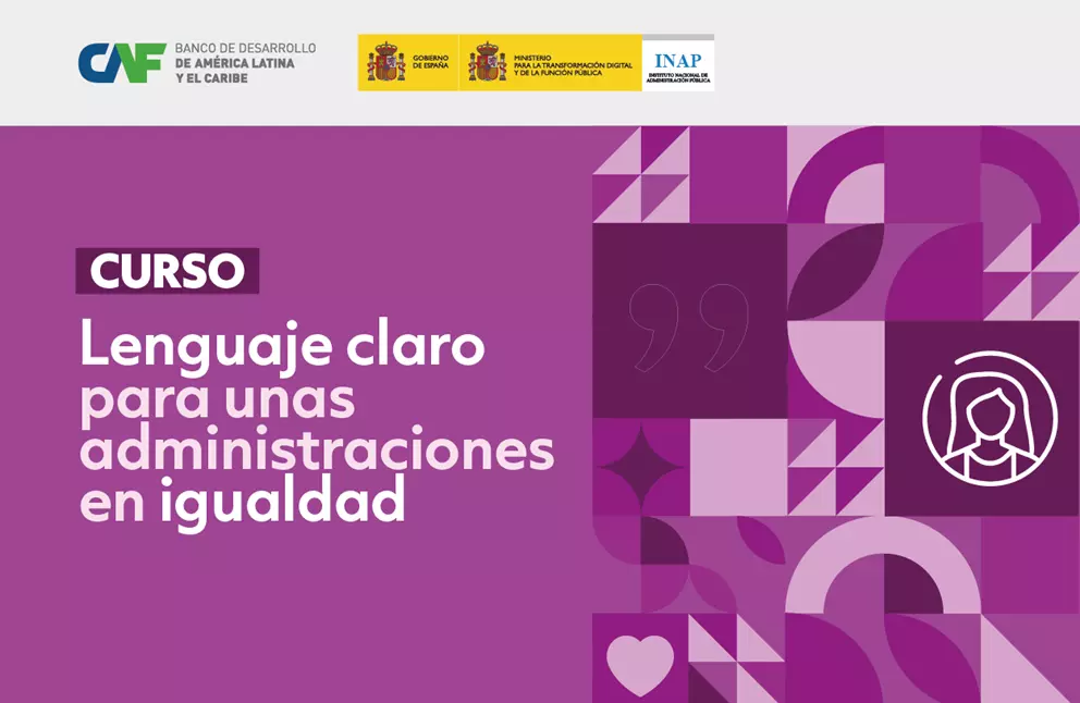 Imagen institucional de CAF e INAP España sobre un curso de lenguaje claro para administraciones en igualdad.
