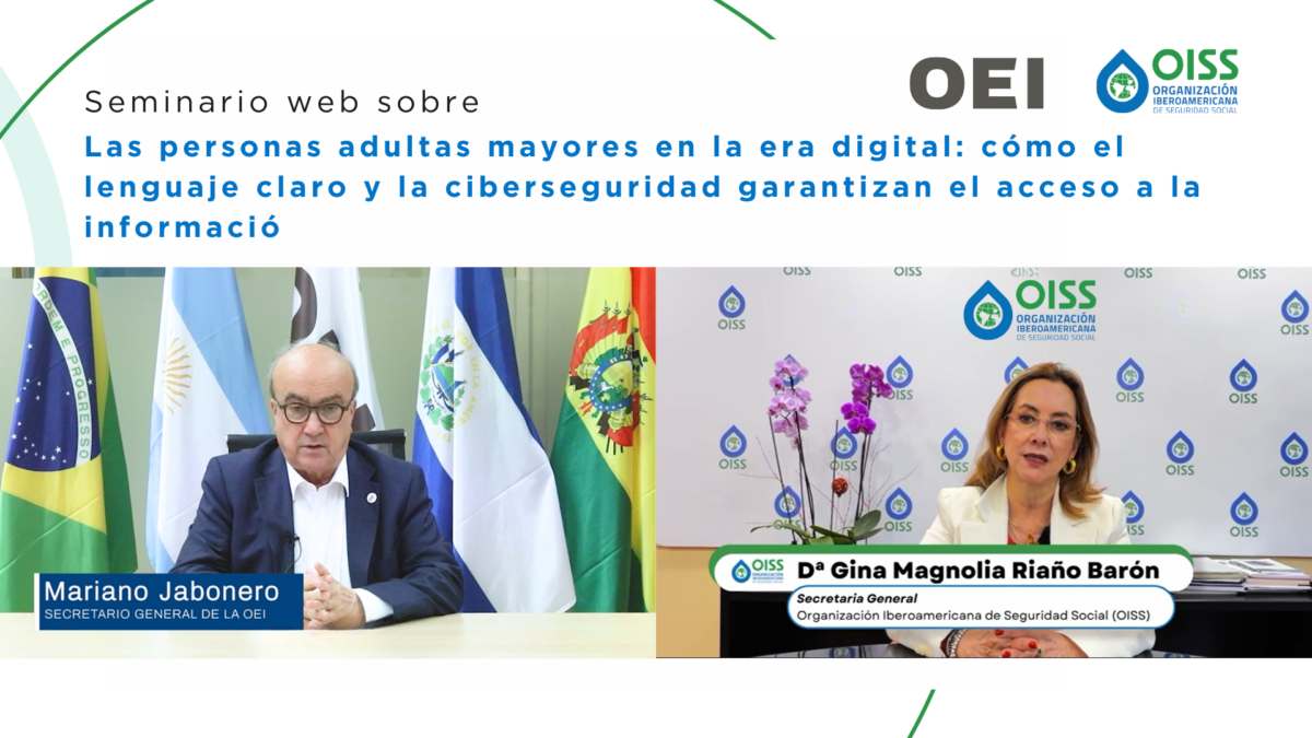 Imagen institucional de la OEI y la OISS sobre lenguaje claro, ciberseguridad y personas adultas mayores.
