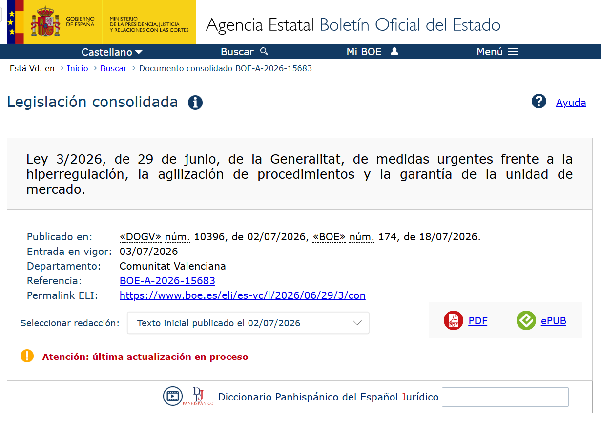 Página del BOE con la Ley 3/2026 de la Generalitat sobre simplificación administrativa y lenguaje claro.